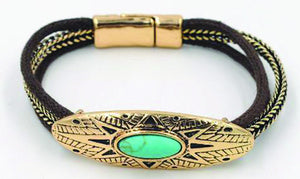 Retro Punk Turquoise Leather Cord Magentic Bracelet - Gold