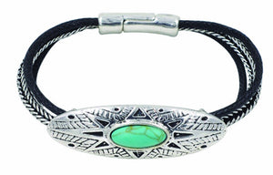 Retro Punk Turquoise Leather Cord Magentic Bracelet - Silver