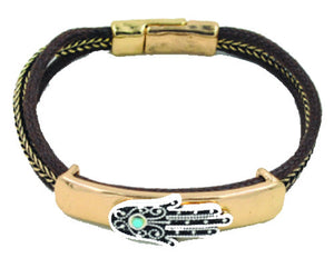 Retro Hand Pendant Leather Chain Bracelet - Gold